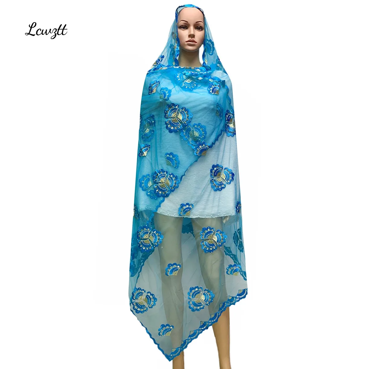 

Fashion Hot Sale African Muslim Women Scarf Big Circle Design Big Embrodiery Net With Grenadine Scarf for Shawls Pashmina Sc-08