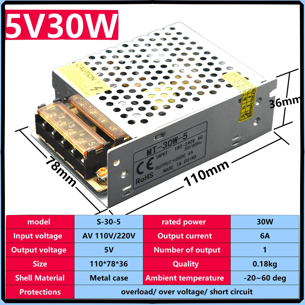 

Switching Power Supply DC 5V 6A Light Transformer AC 100-240V Source Adapter SMPS for LED Strips CCTV Transformer 220v 12v