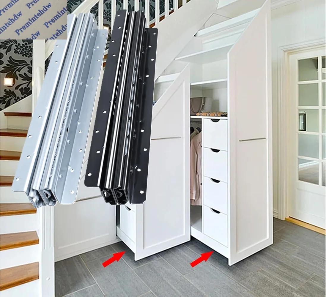 

Пара усиленных выдвижных направляющих для ящиков с креплением к полу для хранения под лестницей, серебристо-черные