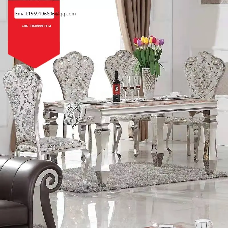 

French Dinning Set Royal Classical Dining Table Set Marble Stainless Steel Frame Kitchen Tables With Rectangle Top