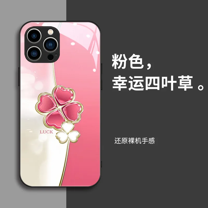 

Lucky Clover Tempered Glass Phone Case For iPhone 14 13 11 12 ProMax Plus Case Anti-knock Baby Skin Fram Cover