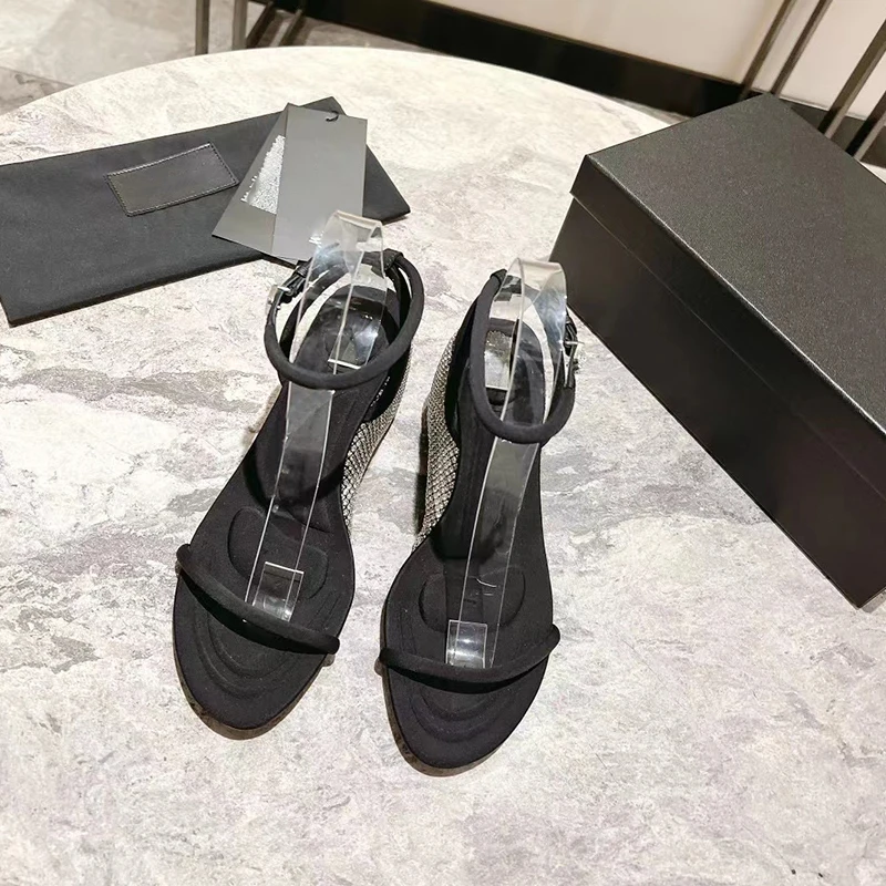 Diamond Word with High Heels Female New Open -toe Letters Buckle Black Slopes Heel Sandals Female