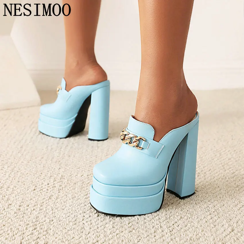 

NESIMOO 2022 Women Summer PU Leather Basic Sandals Slingback Slippers Square High Heel Round Toe Fashion Female Shoes Size 34-43