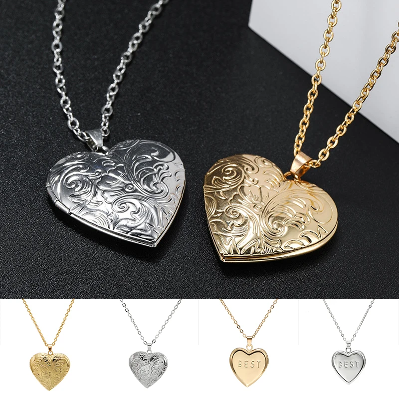 

Silver Color Love Heart Locket Pendants for Women Men Openable Photo Frame Glossy Family Pet Picture Necklace Family Love Gift