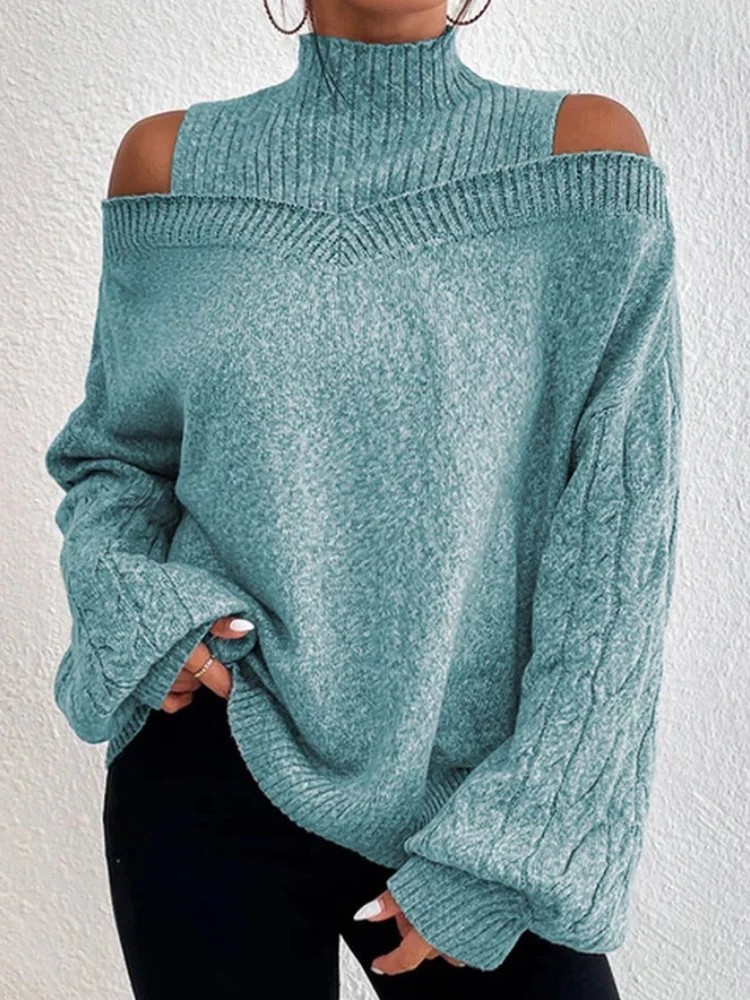 

Women Knitted Sweater Winter Warm Oversize Pullover Vintage Black Turtleneck Office Ladies Off Shoulder Sweaters for Women 2023