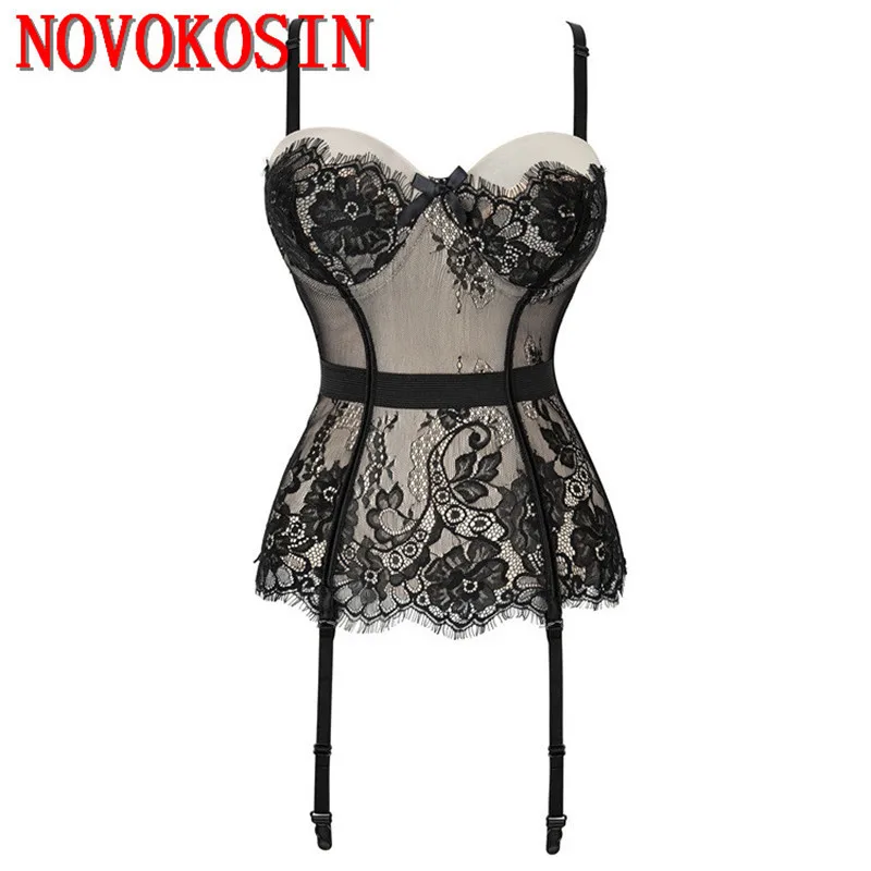 S-2XL Black Lace Push Up Bustier Corset Women Spaghetti Strap Sexy Nightwear Chemise Fancy Summer Garter Underwear With G String