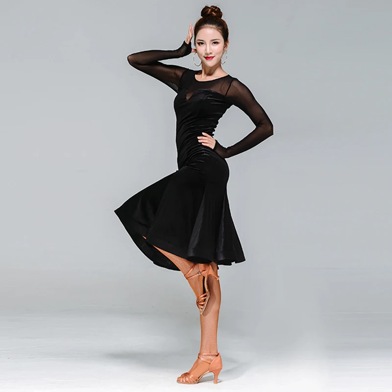 Платье для латинских танцев женское черное бархатное платье с длинными рукавами