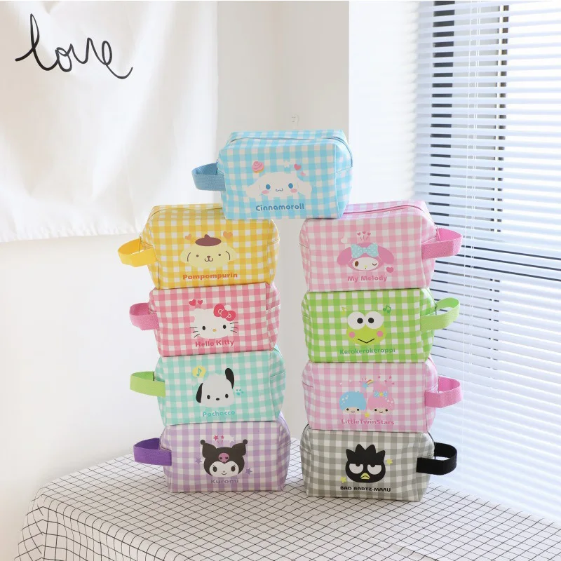 Kawaii My Melody Kuromi Cinnamoroll клетчатая кожаная настольная коробка для хранения с откидной