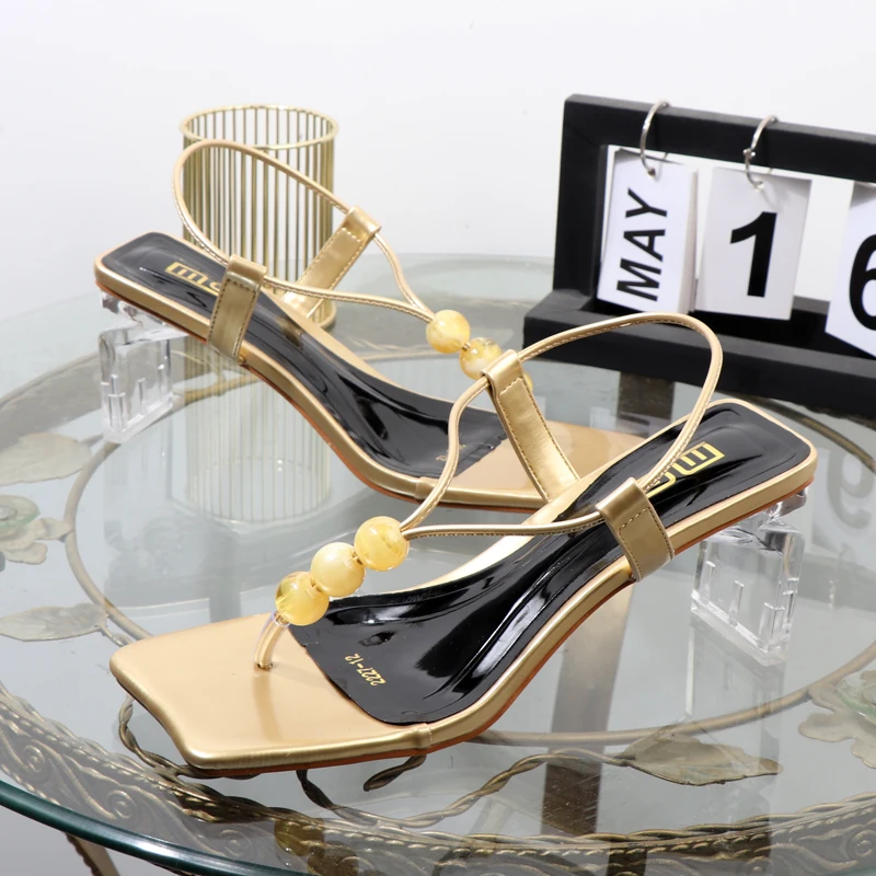 In the summer of 2023 the luxurious fashion square toe high heels with round water drops are versatile wear sandals for women