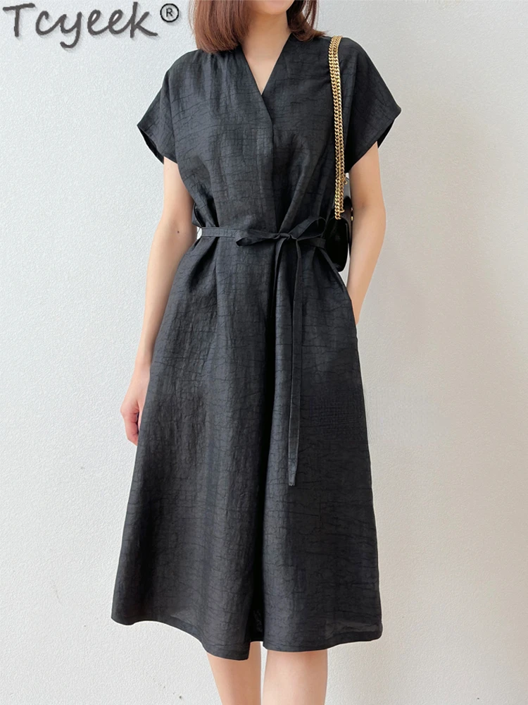 Женское шелковое Платье-миди Tcyeek черное элегантное Платье из натурального шелка