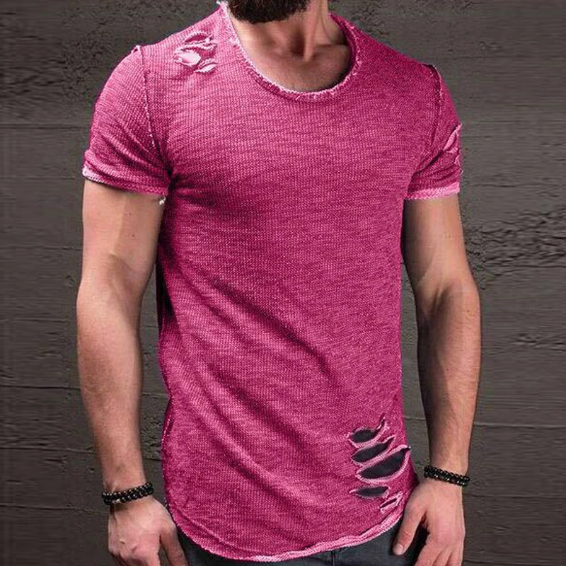 

2018 Fashion Summer Ripped Clothes Men Tee Hole Solid T-Shirt Slim Fit O Neck Short Sleeve Muscle Casual Jersey Tops T Shirts