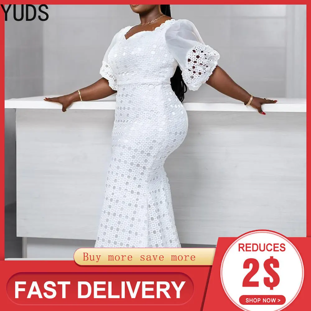 

2023 Elegant Party White Long Plus Size Dress Women Sexy Bodycon Cut Out Lace Puff Sleeve Floor-length Large Sizes Maxi Dresses