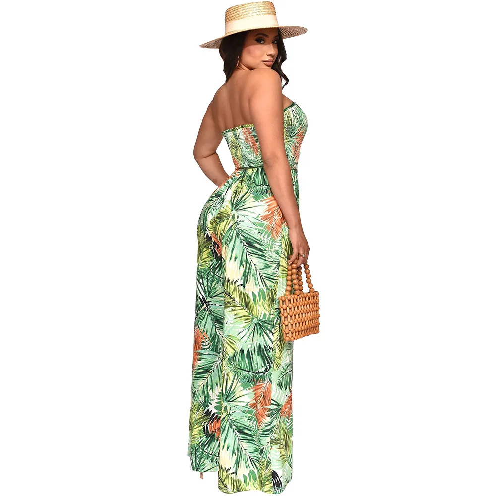 Women'S Colorful Printed Chest Wrap Waist Leisure Holiday Style Jumpsuit &Trendy Ladies Loose FIt Strapless Pants Vacation Wear