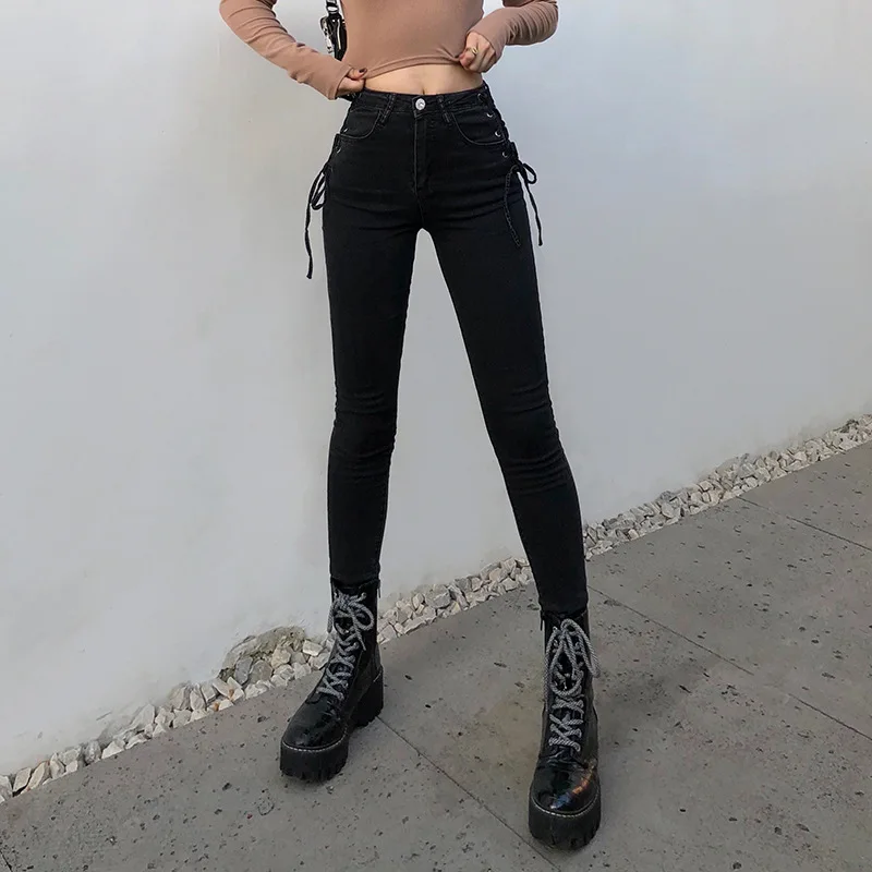 2023 Women's Spring and Fall Side Straps Tight Thin Pencil Pants Foot Pants Female Solid Trouser Korean Chic Black Denim Jeans
