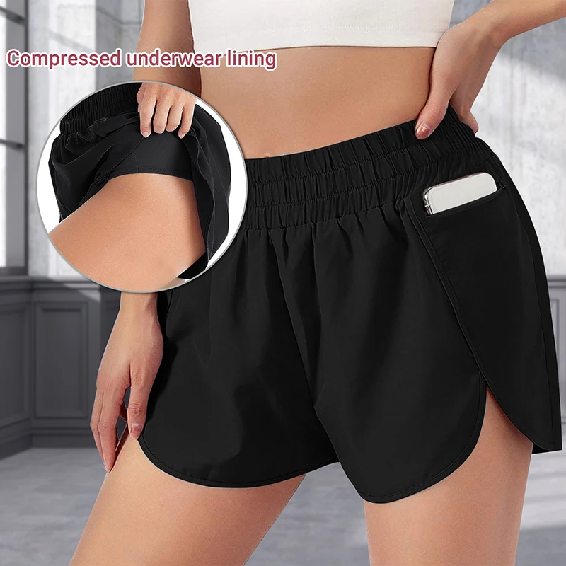 

2022 Women Shorts Loose Side Pocket Inner Lining Shorts Sport Gym Workout Running Shorts Drawcord Fitness Outdoor Short