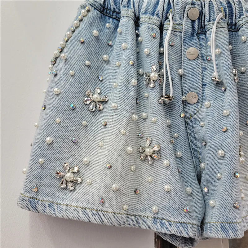 Exquisite Rhinestone Handmade Beaded High Waist Jeans Shorts Women Loose Slimming Wide-Leg Denim Shorts Spring  Summer Bottoms