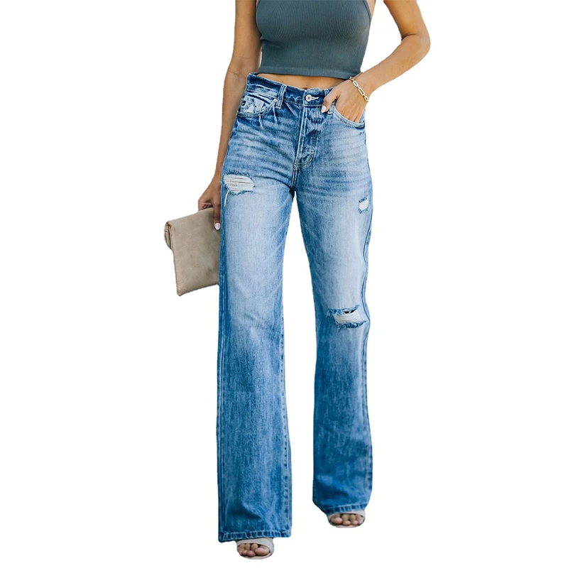 2023 Women's Jeans Blue High Waist Jean Fashion Street Wear Hole Bell-Bottoms Loose Pocket Straight Leg Wide Leg Pants