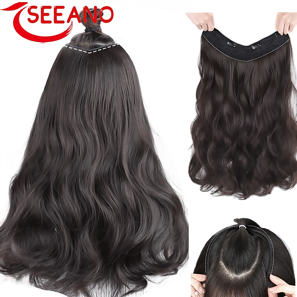SEENAO Synthetic Long Wave V-shaped Hair Extension Half Wig Heat Resistant Straight Fake Hair Hairpiece for Women