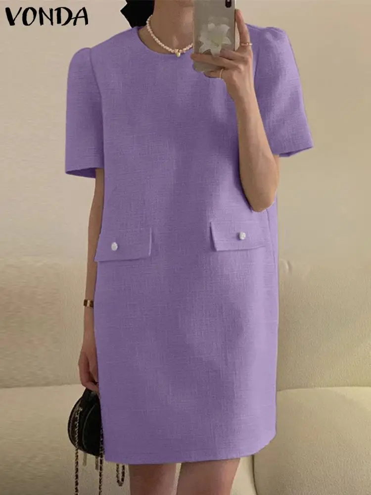 

VONDA Women Elegant Office Dress 2022 Casual Short Sleeve Holiday Plain Dress Summer Party Short Sundress Oversized Vestidos