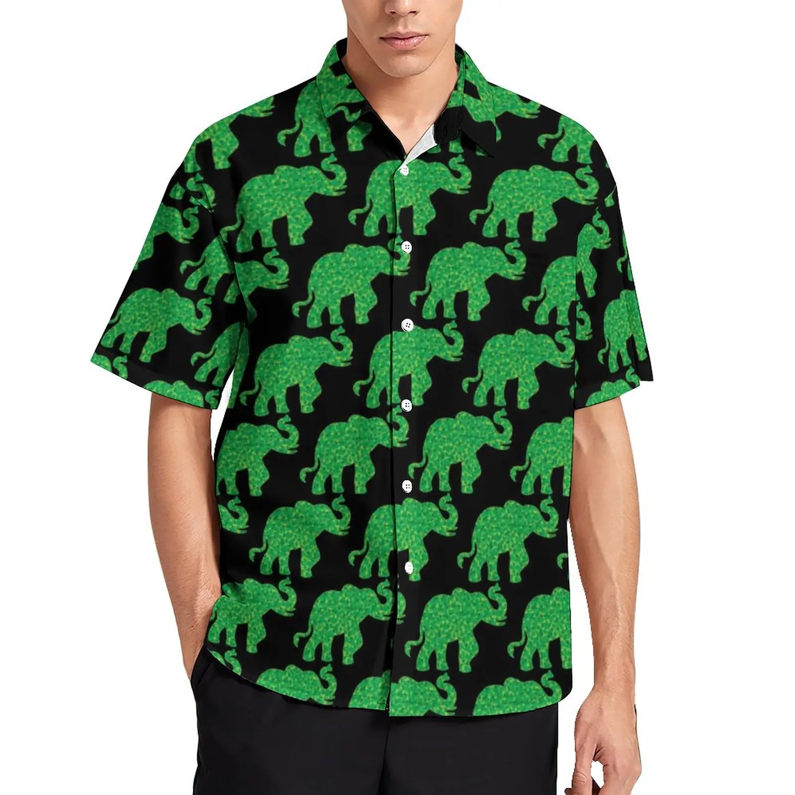 

Elephant Print Casual Shirts Luck Shamrocks Beach Shirt Hawaiian Fashion Blouses Male Printed Plus Size