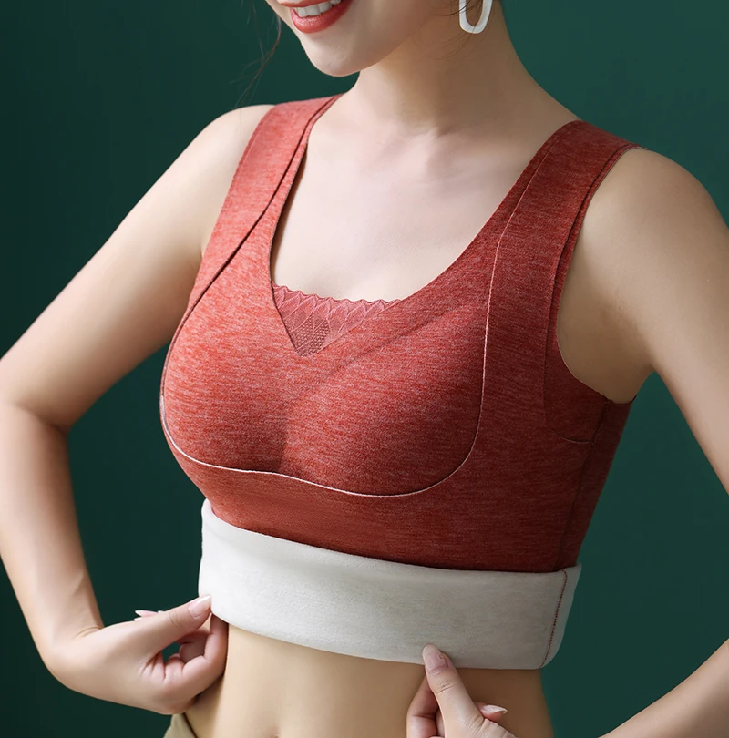 Double Side Brushed Velvet Lace Thermal Women Underwear plush thick Bra & Vest integrated Keep Warm In Winter