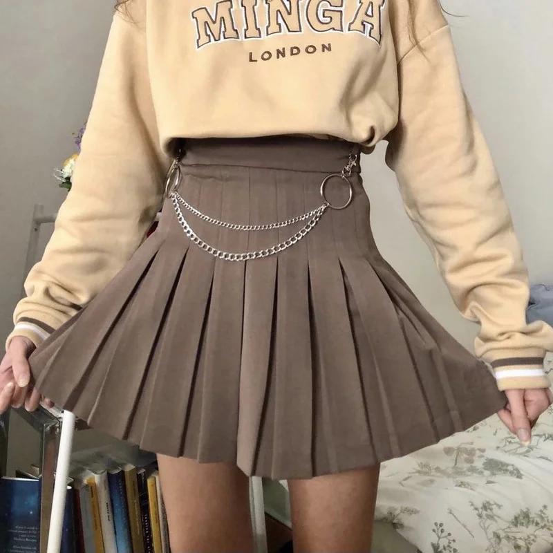 

Fashion Kawaii Female Korean Version Sexy Solid Color Pleated Short Skirt High Waist Campus Style Suit Mini Skirt (no Chain)