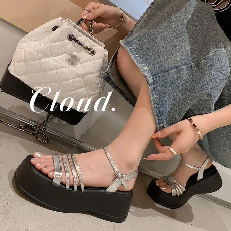 

Silver Narrow Strap Women Platform Wedge Sandals Casual Thick Sole Summer Shoes Black Suede Lady Rubber Sole Sandalias Femmes