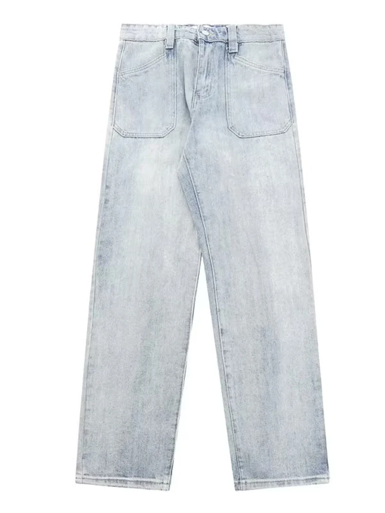 Spring Loose Straight-Leg High-Waisted Youth Trendy Jeans for Men Baggy Jeans with Zipper and Washed Effect Mens Jeans