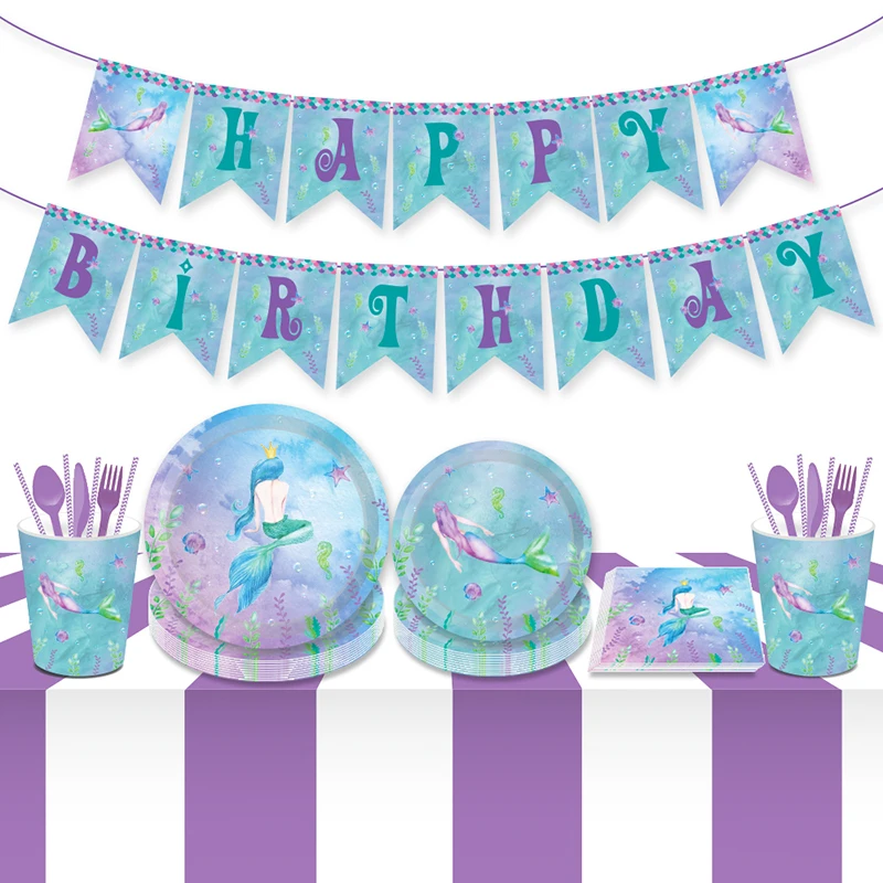 

44pcs/set Little Mermaid Disposable Tableware Mermaid Birthday Party Decor Baby Shower 1st Birthday Girl Mermaid Party Supplies