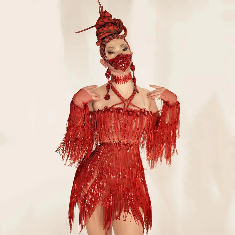 

Sexy Transparent Off Shoulder Red Tassel Dress Women Latin Dance Sequins Dress Sexy Stage Performance Costume For Singer Dancer