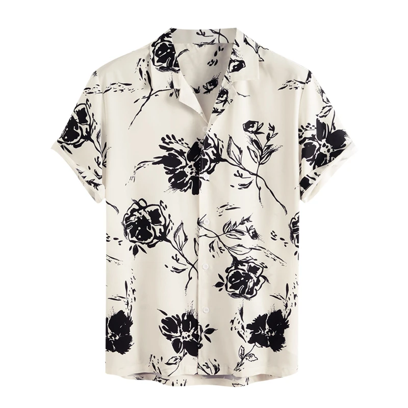 

2022 Rose Flower Retro Print Men's Shirts Fashion Casual Printed Short Sleeve Button Flat Collar Shirt High Quality Male Tops
