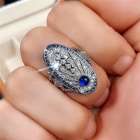 2022 new copper inlaid zircon retro temperament ring hollow palace style sapphire blue zircon ring wedding anniversary gift