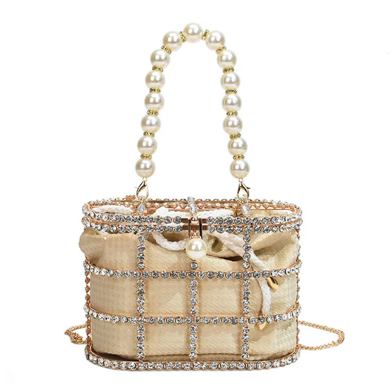 

Luxury Diamonds Hollow Out Pearls Handbags Wedding Party Pearls Velvet Crystal Basket Beaded Birdcage Clutch Bags Metallic Cage