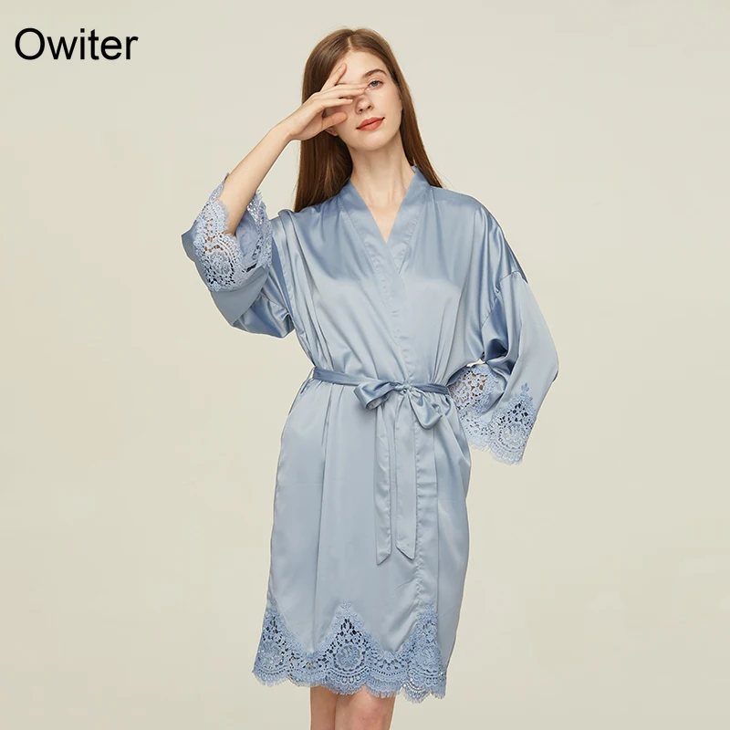 Owiter Matt Satin Lace Robe Bridesmaid Robes Women Wedding Bride Robes Bridal Robe Plus Size Bathrobe Sleepwear White Robes