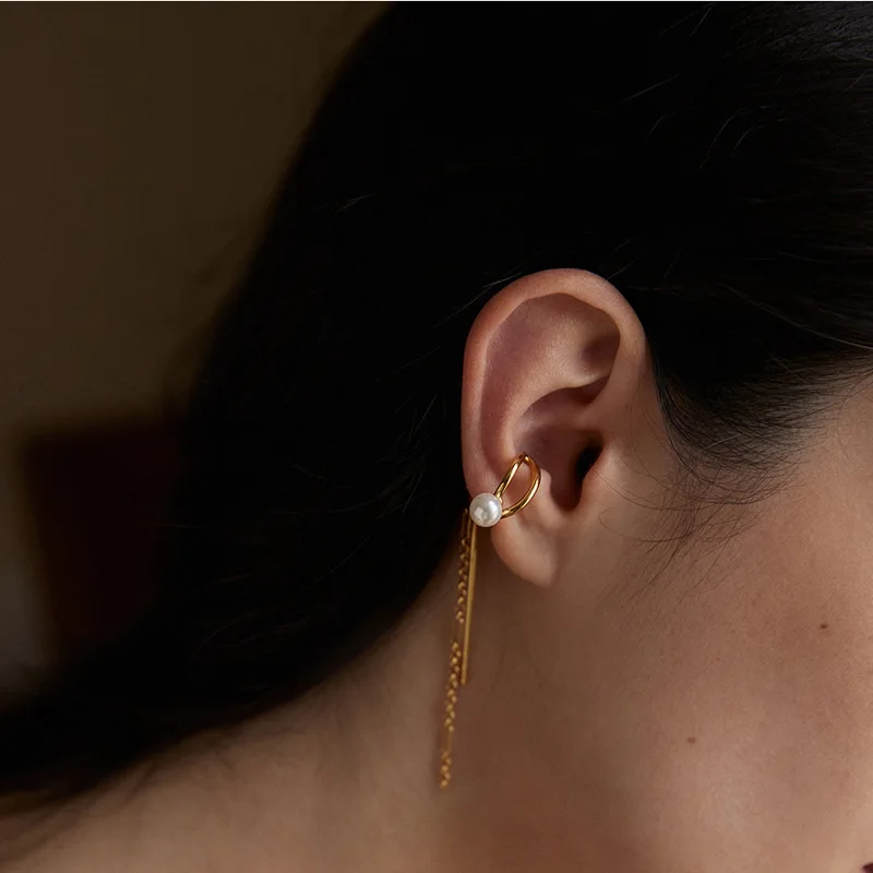 

1 PC Cool Style Earcuff Earring Hip Hop Puck Style Popular Style Chain Dangle Pearl Earclip Earrings For Women Girl Gifts