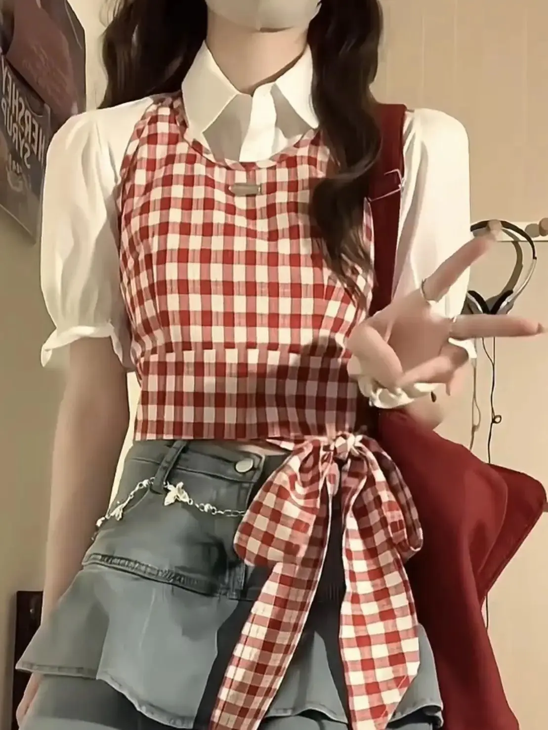 2024 корейский хип-хоп Красный Клетчатый жилет с бантом на шее Женская Летняя