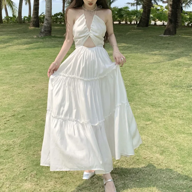 

Женское ажурное платье без рукавов, белое Плиссированное однотонное пляжное платье с V-образным вырезом, высокой талией, в стиле пэчворк