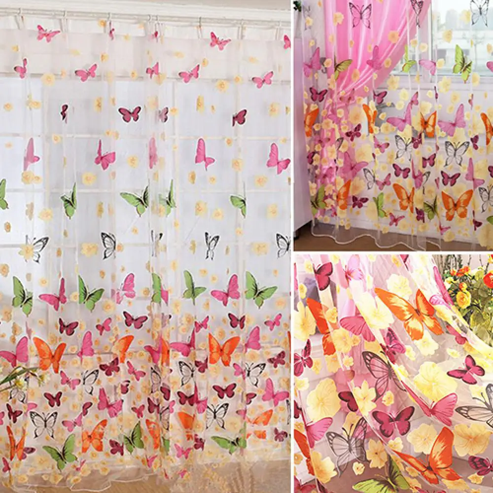

Curtain Kitchen Butterfly Print Sheer Window Panel Curtains Room Divider New for living room bedroom Room