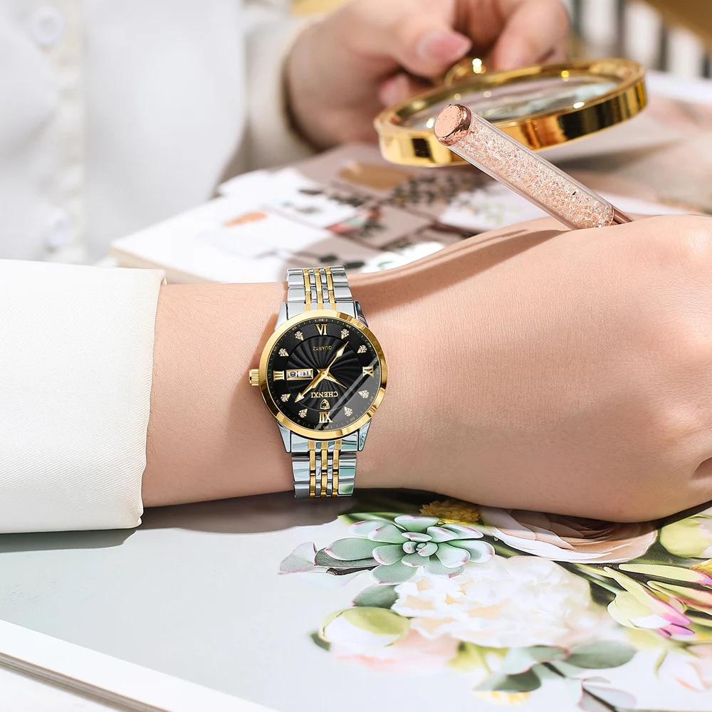 New Couple Watch CHENXI Stainless Steel Watch For Men Business Waterproof Watches Women With Week Calendar His Hers Watch Sets