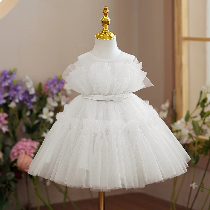 

Baby Girl Fluffy Dress 1-5T Girl Ruffle Sleeveless White First Communion Clothes Girl Birthday Party Tutu Gown Flower Girl Dress