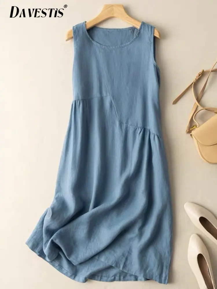 

Cotton Linen Vest Dress Women 2023 Summer Loose Breathable Retro Dresses for Women's Casual Round Neck Sleeveless Dress