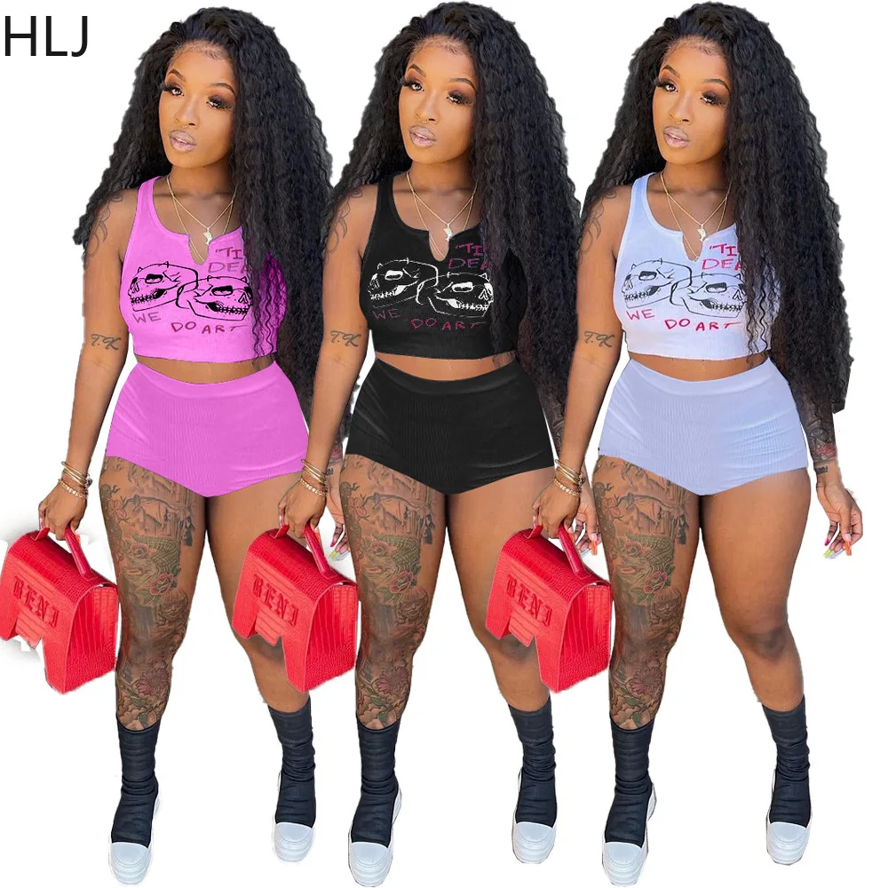 

HLJ Sexy Letter Printing V Neck Sleeveless Crop Top + Shorts Two Piece Set Summer Ribber Matching Tracksuits Casual 2pcs Outfits