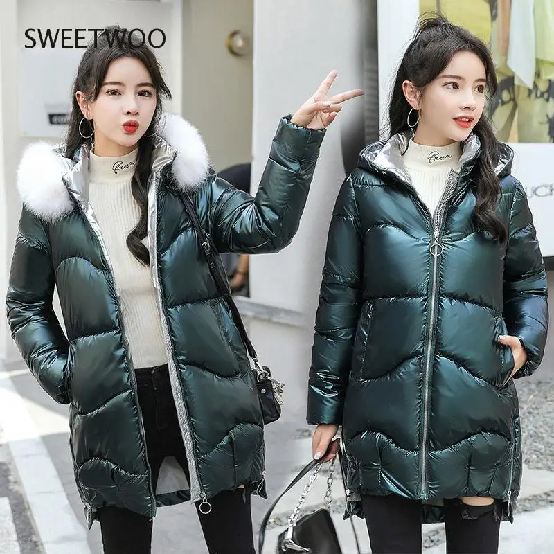2021 Winter Jacket Women's Parkas Hooded Big Fur Collar Down Cotton Jacket Glossy Long Parka Thick Padded Female Casual Outwear