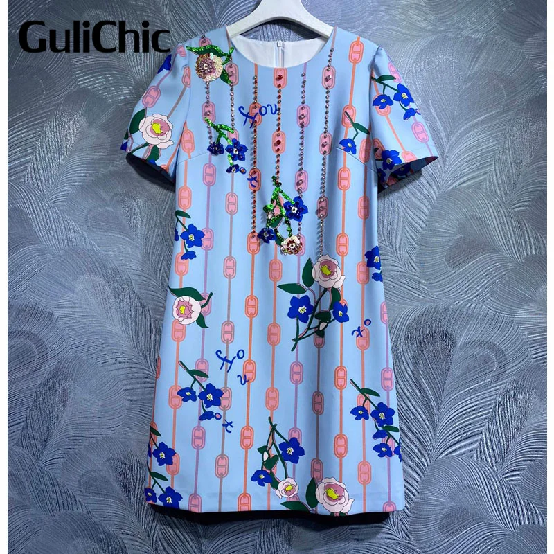 

4.25 GuliChic Women Fashion Crystal Sequins Floral DesignGeometric Print Temperament Short Sleeve Dress Women