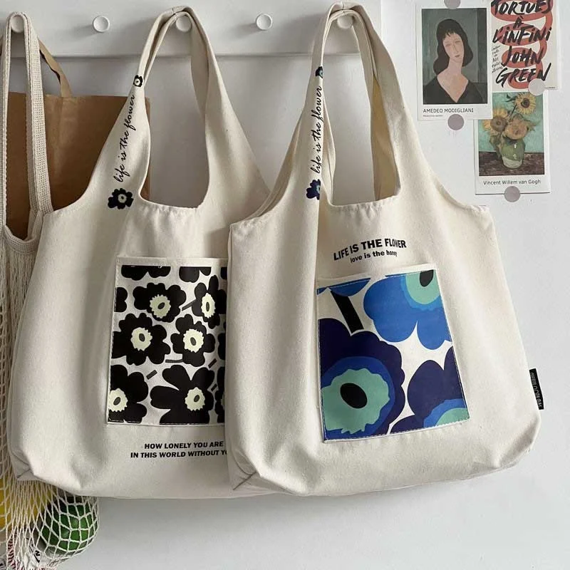 

New Small Flower Illustration Design Of Outer Pocket Female Vest Bags Canvas Tote Handbag Student Shoulder Bag