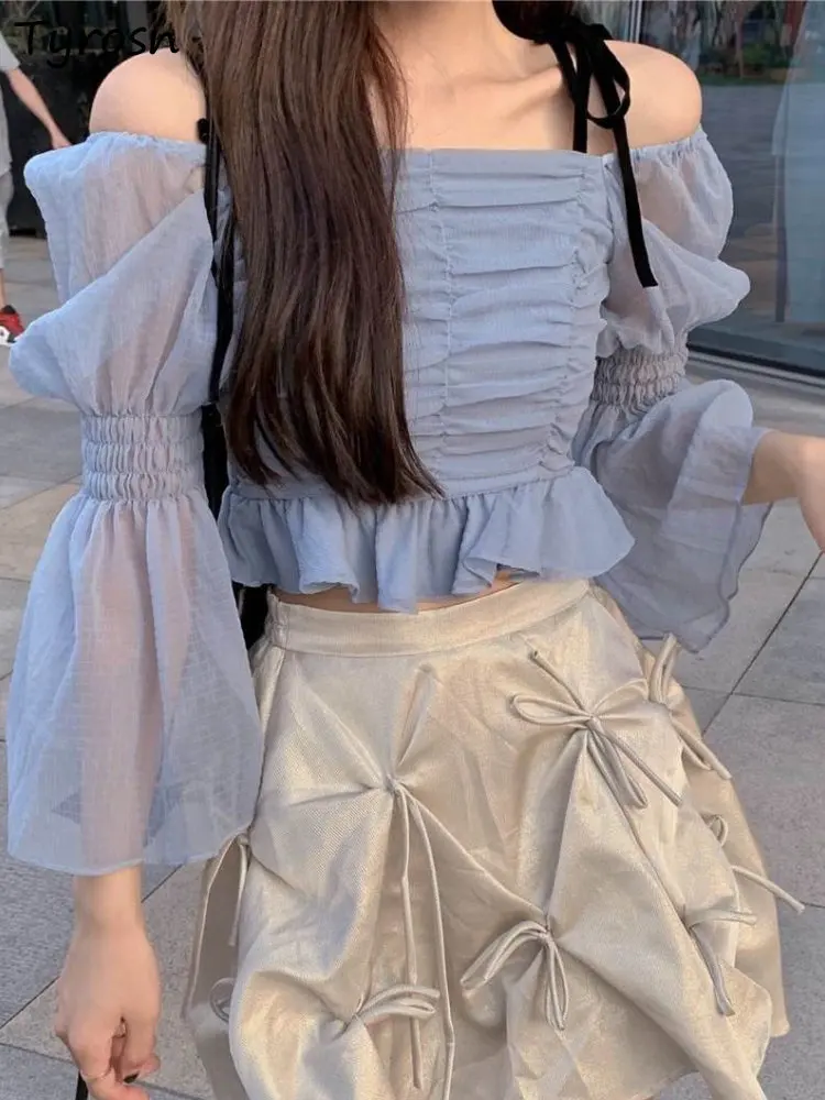 

Blouses Women Cropped Sexy Design Slim All-match Daily Casual Summer New Sun-proof Korean Style Folds Simple Pure Fashion Ladies