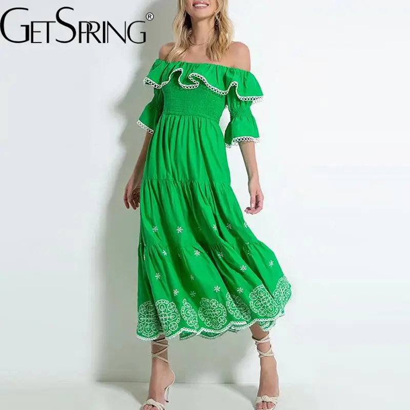 

GetSpring Women Dress 2022 Summer Embroidered Slash Neck Off Shoulder Short Sleeve Ruffles Large Hem High Waist Long Dresses New