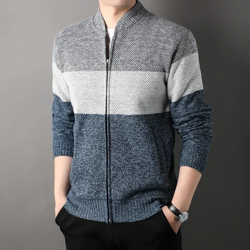 Модный бархатный мужской кардиган на подкладке осень-зима облегающий вязаный