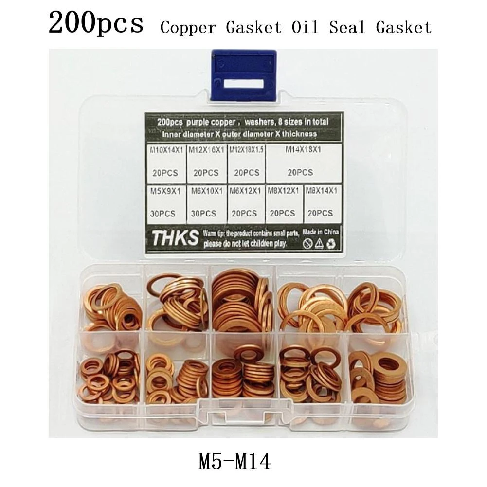 

200PCS Assorted Crush Copper Gasket Seal Ring Hardware Set Metal Flat Washer Metal Clad For Gasket Non-magnetic Good Electrical