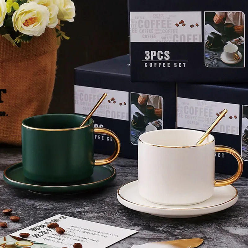 

Creative Gold Handgrip Ceramic Coffee Mug Cup and Saucer Spoon Set With Box Handmade Big Pottery Tea Cup Travel Kitchen